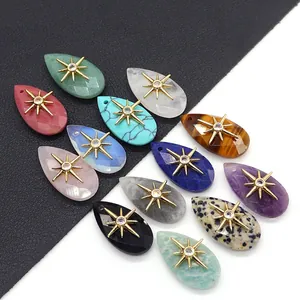 Natural Stone Teardrop Pendant With Gold Plated Copper Eight Pointed Star Inlay Zirconia Charm For DIY Jewelry Making Jewelry Accessory