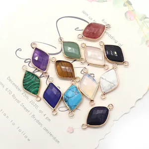 Faceted diamond shaped natural stone connectors with gold plated dual loops for DIY jewelry