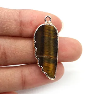 Macro d'un pendentif en pierre d'oeil de tigre en forme de plume avec bordure argentée