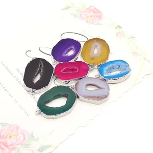 Set of 7 colorful irregular natural agate geode pendants with electroplated silver edges