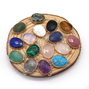 Oval faceted natural stone connectors with gold plating for DIY jewelry making