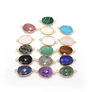 Oval faceted natural gemstone connectors with double gold-plated loops for DIY jewelry