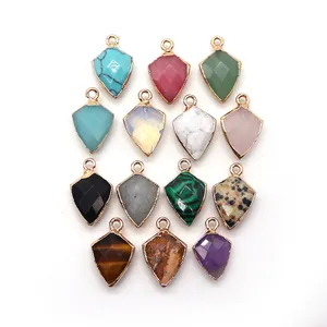 Set of 14 shield-shaped natural stone pendants with gold-plated edges for DIY jewelry
