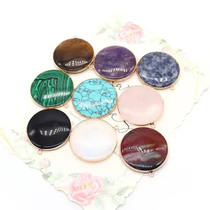 Set of round natural stone pendants with metal edges for DIY jewelry making