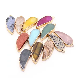 Pendentifs en pierre naturelle en forme d'aile avec bordure dorée pour bijoux DIY