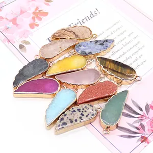 Pendentifs plumes en pierres naturelles avec bordure dorée et boucles pour colliers DIY
