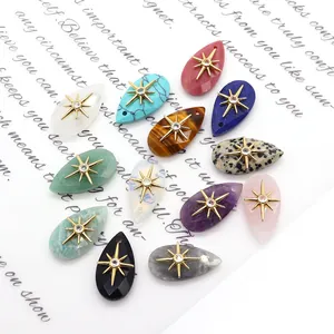 Water-drop natural stone pendants with gold star inlays for DIY jewelry making