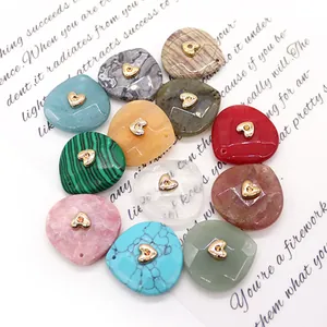 Assorted natural stone teardrop pendants with gold heart inlays for DIY jewelry making