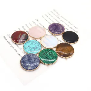 Assorted round natural gemstones pendants with gold plated edges for DIY jewelry making