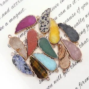 Pendentifs en pierre naturelle en forme de plume avec bordure dorée pour bijoux DIY