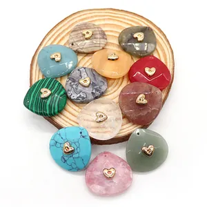 Assorted natural stone teardrop pendants with gold heart metal inlay for DIY jewelry