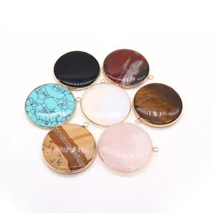 Set of round natural stone pendants with gold plated edges for DIY jewelry making