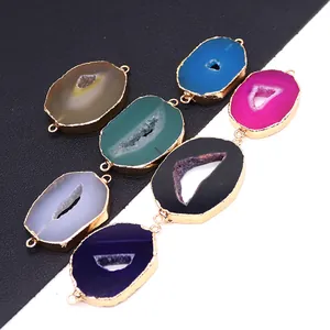 Onregelmatige Natuurlijke Agaat Geode Schijf Hanger Connector Met Vergulde Rand Dubbele Ringen Voor DIY Ketting Armband Sieraden Maken