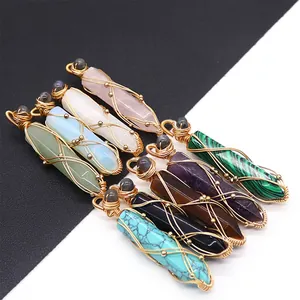 Bohemian Natural Stone Hexagonal Column Pendant Handmade Gold Copper Wire Wrapped Bullet Shape Pendant Only For DIY Jewelry Making