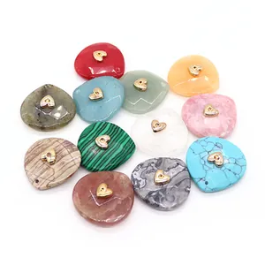 Natural faceted stone teardrop pendants with central gold heart metal charm accents