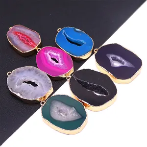 Natural Agate Druzy Slice Pendant Gold Plated Copper Edge Irregular Stone For DIY Jewelry Making Pendant Only Without Chain
