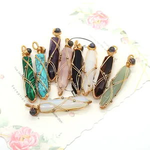 Set of 10 wire wrapped hexagonal crystal point pendants in various natural stones