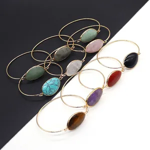 Vintage Gold Plated Natural Stone Open Bangle Bohemian Irregular Oval Gemstone Bracelet For Women Jewelry Party Gift