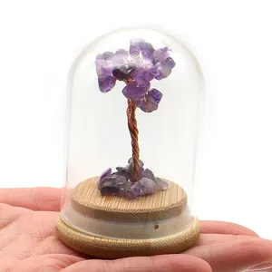 Mini árbol de cristal amatista con cúpula de vidrio y base de madera para escritorio