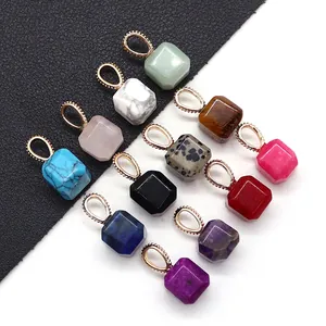 Natural Stone Cube Pendant With Copper Bail Geometric Cut Stone Pendant For DIY Jewelry Making Necklaces Accessories