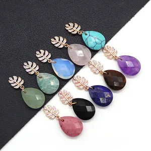 Pendentif en Pierre Naturelle Facetté Forme de Goutte Avec Bélière Feuille Sertie de Zirconium Accessoire Bijoux DIY pour Collier