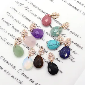 Pendentifs gouttes en pierre facettée avec bélières feuilles dorées et zircons pour bijoux