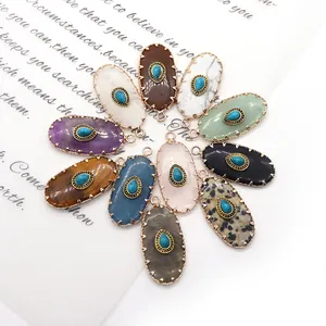 Oval natural stone pendants with gold metal edge and devil eye detail for DIY jewelry