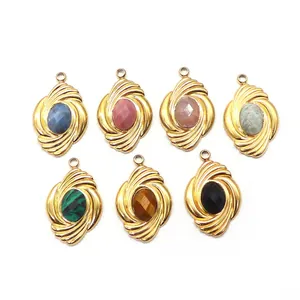Gold stainless steel geometric charms set with various natural oval stones for DIY jewelry