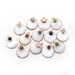 Set of 13 natural white shell scallop pendants with gold trim and assorted gemstones