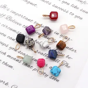 Natural square stone pendants in various colors with golden textured copper clasps