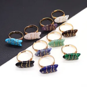 Handgemaakte Vis Natuursteen Draad Omwikkelde Roestvrij Stalen Ring Vintage Boheems Goudkleurige Verstelbare Vingerring Sieraden Voor Dames