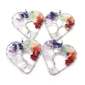 Four-piece heart-shaped Tree of Life wire-wrapped pendants with colorful natural stones