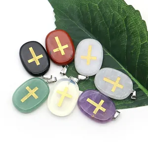 Lot de 7 pendentifs ovales en pierre naturelle avec croix pour création de bijoux DIY