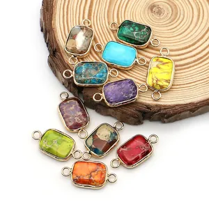 Rectangle natural stone pendant connector with dual gold plated rings in ten varied colors