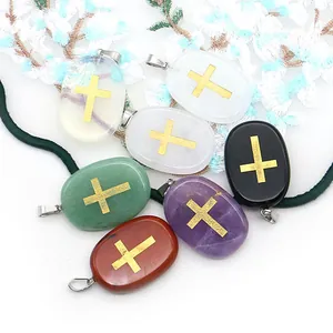 Pendentifs ovales en pierre naturelle avec croix dorée en améthyste et jaspe pour bijoux