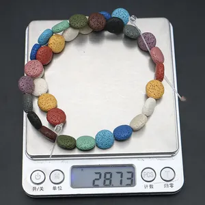 Macro view of porous colorful lava stone flat beads showing natural texture on a scale