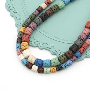 Cuentas cúbicas de piedra de lava de colores para joyería con textura porosa