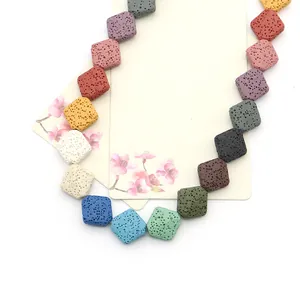 Colorful square lava stone beads for DIY jewelry making with natural porous texture