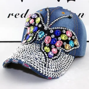 Damen Vintage Jeans-Baseballkappe mit bunten Strass-Schmetterling und glitzerndem Schirm
