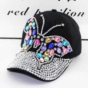 Schwarze Damen Denim Baseballkappe mit buntem Strass Schmetterling und Kristallschirm