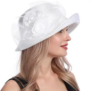 Elegant Organza Wide Brim Sun Hat For Women Mesh Flower Feather Satin Church Kentucky Derby Wedding Party Dress Hat