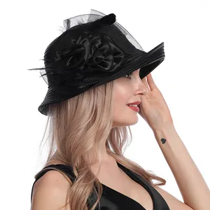 Elegant black mesh sun hat for women with large flowers, feathers and vintage wide brim