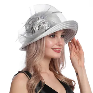 Elegant silver mesh sun hat with satin roses and feathers for formal beach outings
