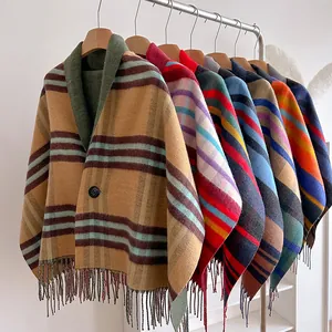 Women Plaid Tassel Poncho Shawl Double Sided Warm Winter Scarf With Button Retro British Style Multicolor Check Imitation Cashmere Wrap
