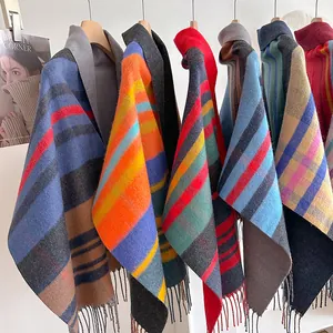 Detail of wool-blend plaid scarves with long tassels and varied colorful stripe patterns