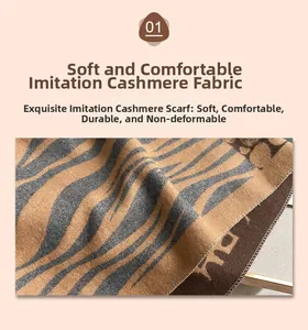 Detailed texture of zebra pattern faux cashmere scarf with soft fibers and neat edging