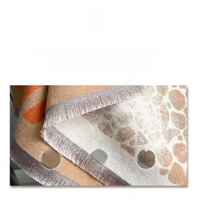 Detailed close-up of cashmere-like scarf texture with zebra pattern and tassel fringe edges