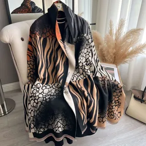 Chic zebra pattern patchwork cashmere scarf shawl with tassels for winter warmth