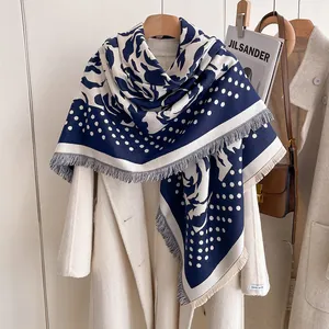 Elegant polka dot rose cashmere feel square shawl with tassels for winter fashion