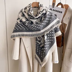 Women's Vintage Rose Floral Polka Dot Square Scarf Large Imitation Cashmere Shawl Wrap With Tassel Fringe Winter Warm